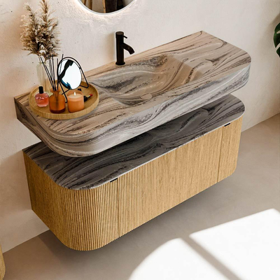 MONDIAZ THOR-DLUX 120cm badmeubel ronding links + rechts kleur Oak met 1 lade en 2 deuren. Vrijhangende wastafel CLOUD Midden 1 kraangat kleur Sombra.