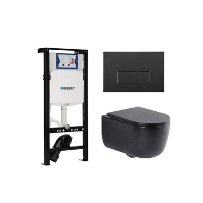QeramiQ Dely Swirl Toiletset - 36.3x51.7cm - Geberit UP320 plieger inbouwreservoir - slim zitting - mat zwarte bedieningsplaat - rechthoekige knoppen - mat zwart
