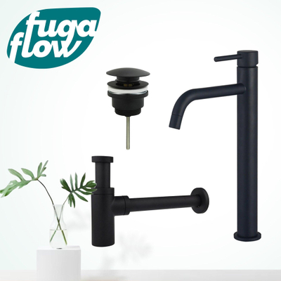 FugaFlow Eccelente Sobrado Slim Slim Kit mitigeur lavabo - robinet rehaussé - bonde clic clac - siphon design - Noir mat