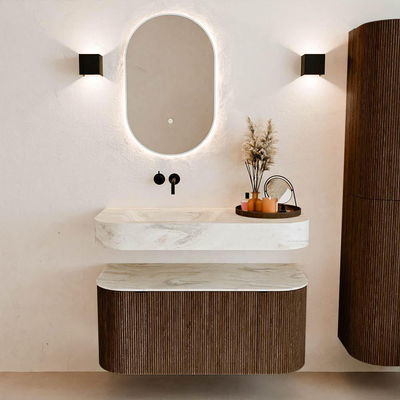 MONDIAZ THOR-DLUX Meuble de salle de bains - 100cm - arrondi gauche + droite - couleur Walnut - 1 tiroir et 2 portes - Vasque suspendue CLOUD Gauche sans trou de robinet - couleur Ostra