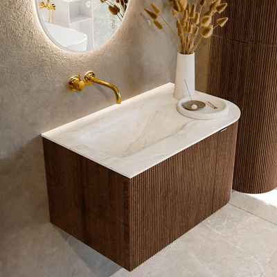 MONDIAZ KURVE-DLUX 75cm badmeubel met module 25 R kleur Walnut met 1 lade en 1 deur. Wastafel GRUNNE links zonder kraangat kleur Ostra.