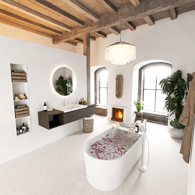 MONDIAZ BUKLA 160cm meuble de salle de bain avec module ouvert 40 à gauche couleur Marron Foncé avec 2 tiroirs. Lavabo CLOUD centre 1 trou de robinet couleur Talc.