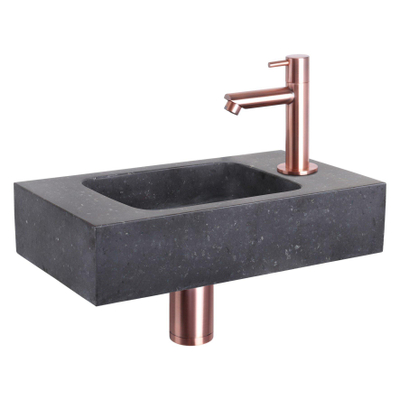Differnz Force Set lave-mains 40x22x8cm 1 trou avec robinet droit et siphon + bonde cuivre rose Rectangulaire Pierre naturelle Noir