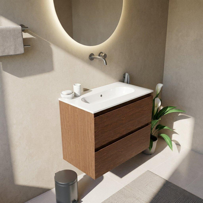 Saniclass Holz Pure Ensemble de meubles de salle de bains - 80x45x73.9cm - lavabo Chaci en céramique blanc - 1 vasque - sans trou de robinet - 2 tiroirs - noyer pure mat (bois)
