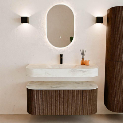 MONDIAZ THOR-DLUX Meuble de salle de bains 110cm arrondi gauche + droite couleur Walnut avec 1 tiroir et 2 portes. Vasque suspendue CLOUD Milieu 1 trou de robinet couleur Ostra.