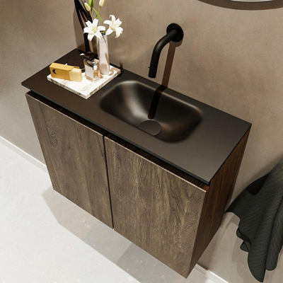 MONDIAZ TURE Toiletmeubel 60x23x50cm met 0 kraangaten 2 deuren dark brown mat Wastafel Eden rechts Solid Surface Zwart