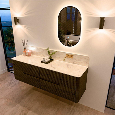 Mondiaz CIRO-DLUX Ensemble de meubles de salle de bains - 160x45x50cm - Plan-vasque solid surface Ostra - 1 vasque à droite - sans trous de robinetterie - 4 tiroirs - Shadow