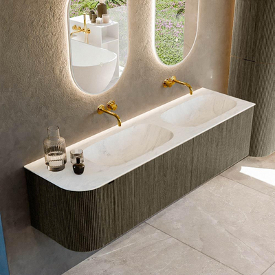 Mondiaz KURVE-DLUX Ensemble de meuble de salle de bains - 165x46x40cm - 2 tiroirs - 1 porte - lavabo solid surface - double / droite - sans trou de robinet - Shadow