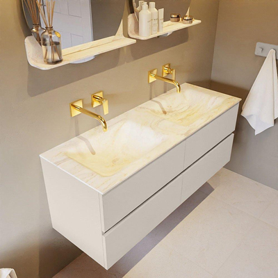 Mondiaz VICA-DLUX ensemble de meuble de salle de bain - 130cm - meuble sous-vasque lin - 4 tiroirs - lavabo encastrée nuage double - sans trous de robinet - version haute de 60cm - ostra