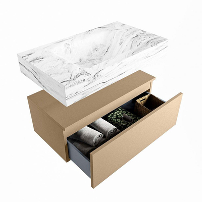 Mondiaz ALAN-DLUX Ensemble de meuble - 80cm - meuble Oro mat - 1 tiroir - Lavabo Cloud Glace suspendu - vasque Centre - 0 trous de robinet
