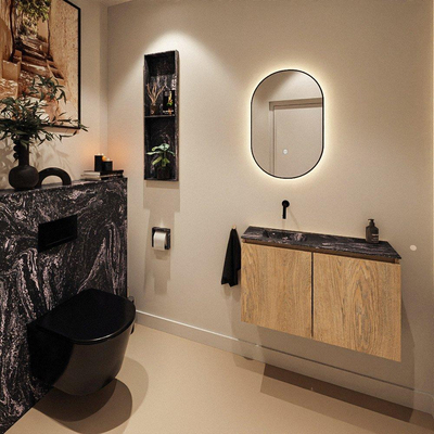 MONDIAZ TURE-DLUX Meuble WC 80 cm Washed Oak. Lavabo EDEN Lava position gauche. Sans trou de robinet.