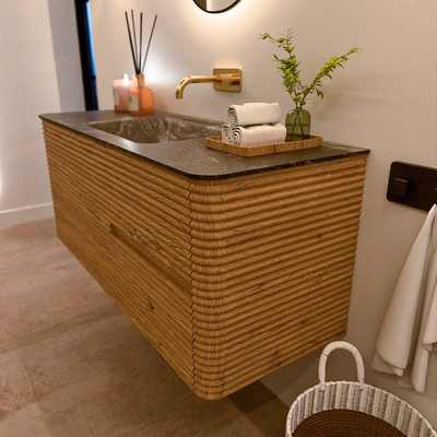 Mondiaz CIRO-DLUX Badkamermeubelset - 120x45x50cm - Solid surface wastafel Lava - 1 wasbak Midden - zonder kraangaten - 2 lades - Oak