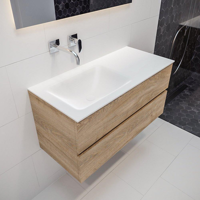MONDIAZ VICA Ensemble de meuble salle de bain - 100cm - 2 tiroirs - lavabo Cloud gauche - 0 trous de robinet - solid surface chêne blanchi