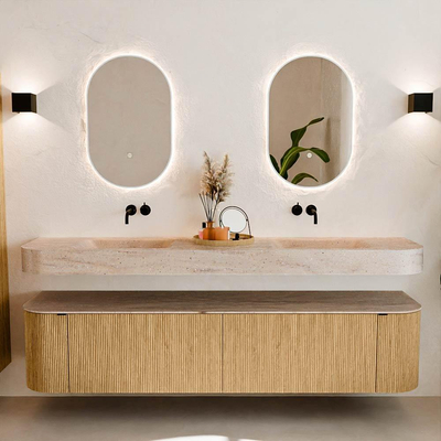 MONDIAZ THOR-DLUX 200cm meuble de salle de bains arrondi gauche + droite couleur Oak avec 2 tiroirs et 2 portes. Vasque suspendue CLOUD Double sans trou de robinet couleur Saba.