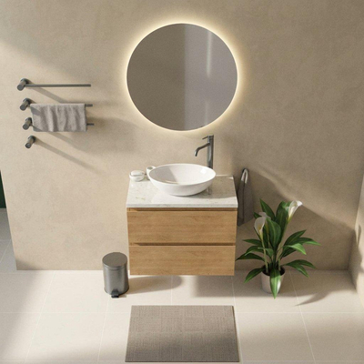 Saniclass Holz Pure Ensemble de meubles de salle de bains - 80x45x63cm - Plan vasque en marbre Dia poli (blanc) - 1 trou de robinet - 2 tiroirs - chêne natural mat (bois)