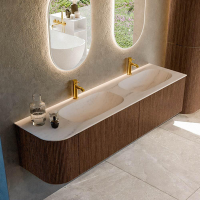 MONDIAZ KURVE-DLUX 175cm badmeubel ronding Links kleur Walnut met 2 lades en 1 deur. Wastafel STOR SMALL Dubbel / Rechts 2 kraangaten Meli.