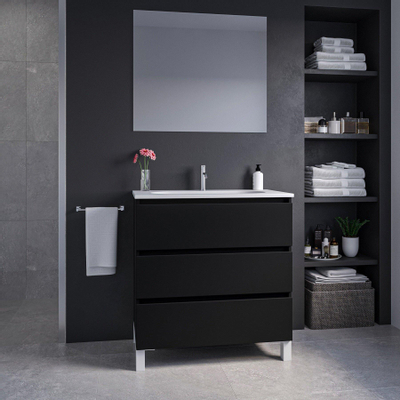 Saniclass Chaci PLUS Meuble de salle de bain - 80x86x46cm - lavabo en céramique blanc - 1 vasque ovale - 1 trou de robinet - 3 tiroirs - miroir rectangulaire - noir mat