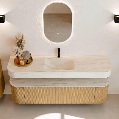 MONDIAZ THOR-DLUX 170cm badmeubel ronding links + rechts kleur Oak met 1 lade en 2 deuren. Vrijhangende wastafel CLOUD Midden 1 kraangat kleur Meli.