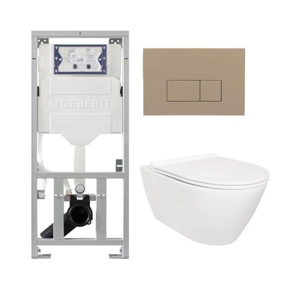 QeramiQ Salina Toiletset - rimless - Geberit inbouwreservoir - diepspoel wandcloset - softclose - quickrelease - bedieningspaneel - met bedieningsplaat taupe - rechthoekige knoppen - wit glans