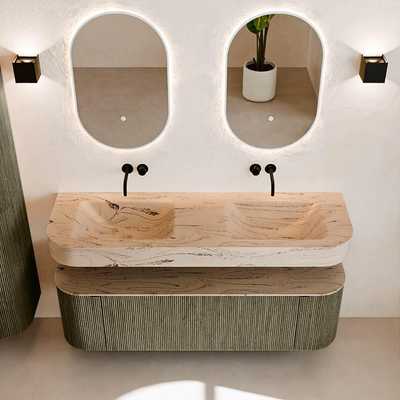 MONDIAZ THOR-DLUX 150cm meuble de salle de bains arrondi gauche + droite couleur Shadow avec 1 tiroir et 2 portes. Vasque suspendue CLOUD Double sans trou de robinet couleur Arena.