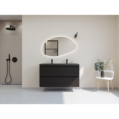 HR badmeubelen Infinity XXL 3D Ensemble de meuble de salle de bains - 120 cm - 1 lavabo en céramique djazz noir mat - 2 trous de robinet - 2 tiroirs - noir mat