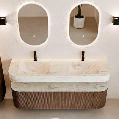MONDIAZ THOR-DLUX 160cm badmeubel ronding links + rechts kleur Walnut met 1 lade en 2 deuren. Vrijhangende wastafel CLOUD Dubbel 2 kraangaten kleur Ostra.