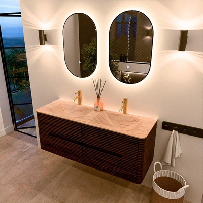 Mondiaz CIRO-DLUX Ensemble de meubles de salle de bains - 130x45x50cm - Plan-vasque Solid Surface Saba - 2 vasques Double - 2 trous de robinetterie - 4 tiroirs - Noyer