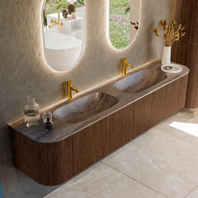 MONDIAZ KURVE-DLUX Meuble de salle de bains 200cm arrondi Gauche + Droite couleur Walnut avec 2 tiroirs et 2 portes. Lavabo STOR SMALL Double 2 trous de robinet Oza.