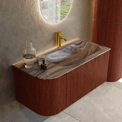 MONDIAZ KURVE-DLUX Meuble de salle de bains 95cm arrondi à gauche couleur Ruby avec 1 tiroir et 1 porte. Lavabo BIG SMALL à droite 1 trou de robinet Sombra.