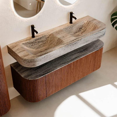 MONDIAZ THOR-DLUX 140cm meuble de salle de bains arrondi gauche + droite couleur Ruby avec 1 tiroir et 2 portes. Vasque suspendue CLOUD Double 2 trous de robinet couleur Oza.