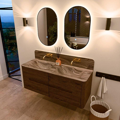 Mondiaz CIRO-DLUX Badkamermeubelset - 130x45x50cm - Solid surface wastafel Sombra - 2 wasbak Dubbel - zonder kraangaten - 4 lades - Dusk