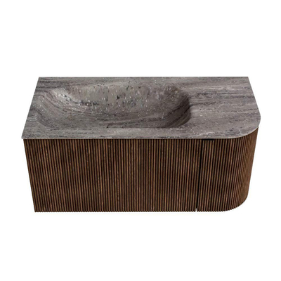 MONDIAZ KURVE-DLUX Meuble de salle de bains 95cm arrondi à droite couleur Walnut avec 1 tiroir et 1 porte. Lavabo BIG SMALL gauche sans trou de robinet Oza.