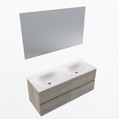 Mondiaz VICA ensemble de meuble de salle de bain - 120cm - meuble sous-vasque marron clair gris - 4 tiroirs - lavabo lune double - 2 trous de robinet - couleur talc - miroir LED - version XL 60cm de haut