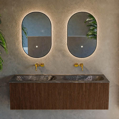 MONDIAZ KURVE-DLUX Meuble de salle de bains 140 cm couleur Walnut avec 2 tiroirs. Lavabo STOR SMALL double sans trou de robinet couleur Lava.