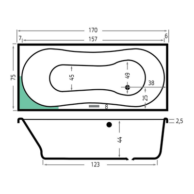 Xenz Dominica Baignoire-douche - 170x75x47 - évacuation en bout - acrylique - blanc
