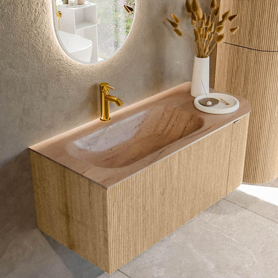 MONDIAZ KURVE-DLUX 105cm badmeubel ronding Rechts kleur Oak met 1 lade en 1 deur. Wastafel BIG SMALL Links 1 kraangat Saba.