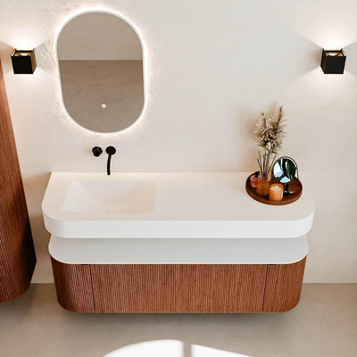 MONDIAZ THOR Meuble de salle de bains 150cm arrondi gauche + droite couleur Ruby avec 1 tiroir et 2 portes. Vasque suspendue CLOUD Gauche sans trou de robinet couleur Talc.