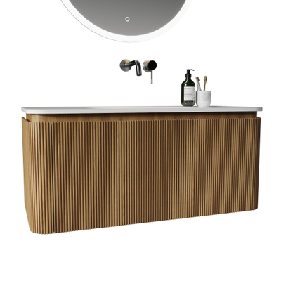 Royal Plaza Terra Edge Ensemble meuble de salle de bains - 100x44.7x46cm - vasque en solid surface blanc mat - 1 vasque - sans trou de robinet - 2 tiroirs - sandwood (chêne clair)