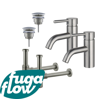 FugaFlow Eccelente Sobrado Badkamer Wastafelkraanset - voor dubbele wastafel - lage wastafelkraan - always open plug - design sifon - PVD Geborsteld RVS