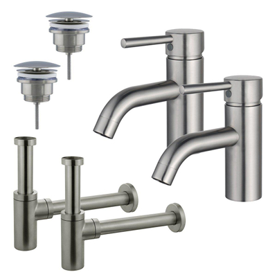 FortiFura Calvi Kit robinet lavabo - pour double vasque - robinet bas - bonde non-obturable - siphon design - Inox brossé PVD