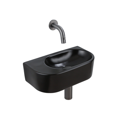 QeramiQ Fuente Fonteinset - 40x21.5x12cm - glad - halfrond - keramiek - fonteinkraan gunmetal - afvoerplug - verlaagd sifon - zwart mat