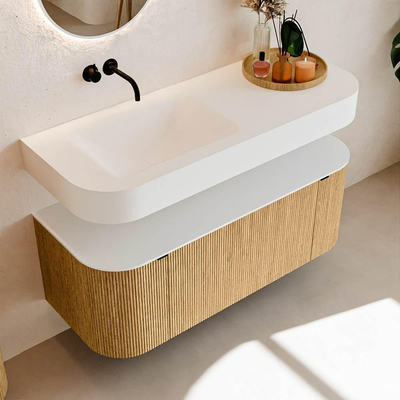 MONDIAZ THOR 120cm meuble de salle de bains arrondi gauche + droite couleur Oak avec 1 tiroir et 2 portes. Vasque suspendue CLOUD Gauche sans trou de robinet couleur Talc.