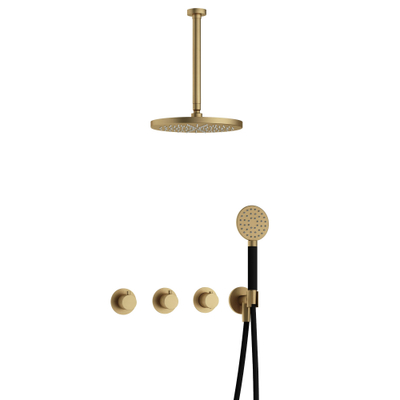Hotbath Cobber IBS70 Regendoucheset - inbouw - 30cm plafondarm - 30cm ronde hoofddouche - 1 stand handdouche - geborsteld messing goud