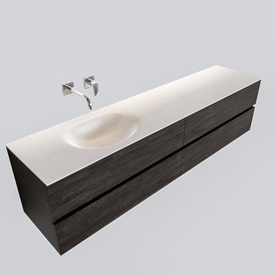 MONDIAZ VICA Ensemble de meuble salle de bain - 200cm - 4 tiroirs - lavabo Moon gauche - 0 trous de robinet - solid surface marron foncé