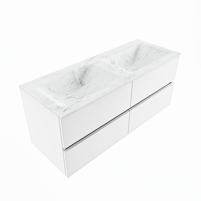 MONDIAZ VICA-DLUX Ensemble meuble de salle de bains - 120cm - meuble bas Talc - 4 tiroirs - lavabo encastré Cloud double - 2 trous de robinet - version hauteur 60cm - Opalo