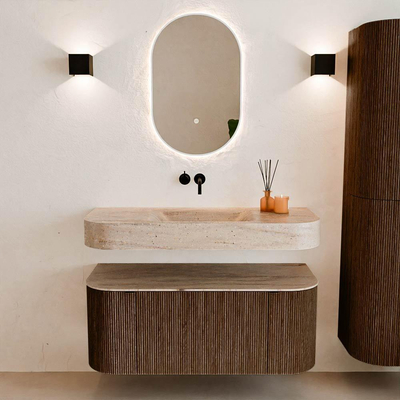 MONDIAZ THOR-DLUX 110cm badmeubel ronding links + rechts kleur Walnut met 1 lade en 2 deuren. Vrijhangende wastafel CLOUD Midden zonder kraangat kleur Saba.