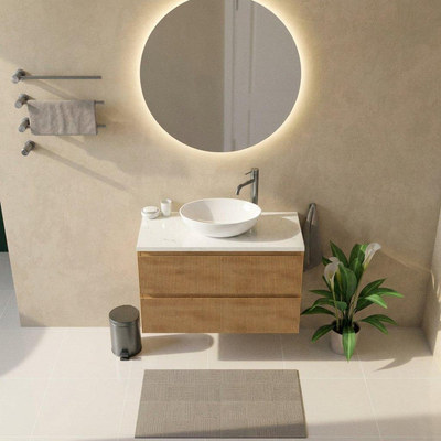 Saniclass Holz Atelier Ensemble meuble de salle de bains - 100x45x63cm - Plan vasque en marbre Dia poli (blanc) - 1 trou de robinet - 2 tiroirs - chêne natural mat (bois)