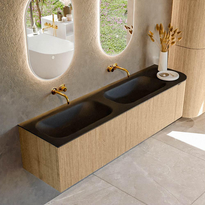 MONDIAZ KURVE 175cm meuble de salle de bains avec module 25 R couleur chêne avec 2 tiroirs et 1 porte. Lavabo BIG SMALL double / gauche sans trou de robinet Urban.