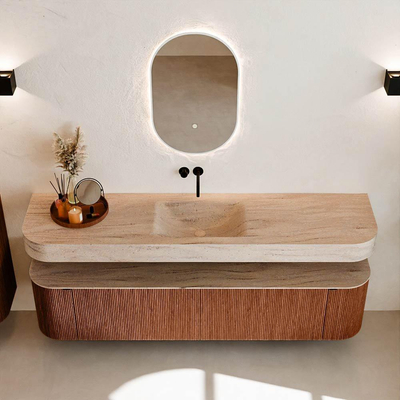 MONDIAZ THOR-DLUX Meuble de salle de bains - 190cm - arrondi gauche + droite - couleur Ruby - 2 tiroirs et 2 portes - Vasque suspendue CLOUD Milieu sans trou de robinet couleur Saba