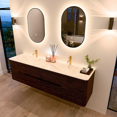 Mondiaz CIRO-DLUX Ensemble meuble de salle de bains - 180x45x50cm - Plan-vasque solid surface Ostra - 2 vasques double - 2 trous de robinetterie - 4 tiroirs - Noyer